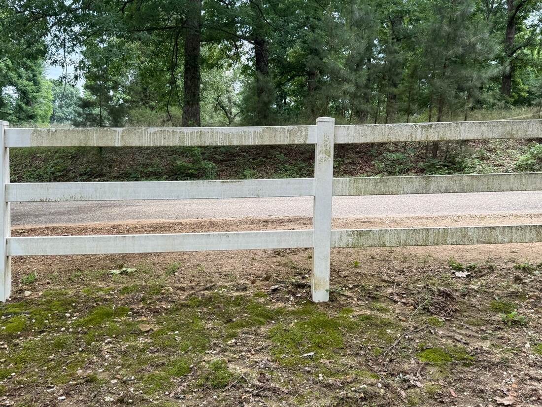 White rail fence with weathering and discoloration, before cleaning